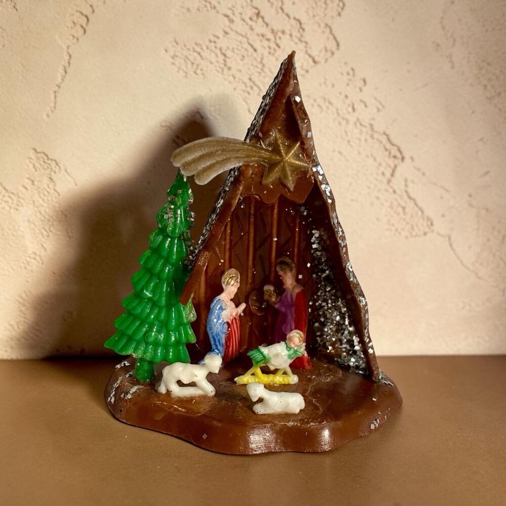 Vintage MCM Nativity Set Plastic 2 Inch Miniature Hong Kong Silver Glitter